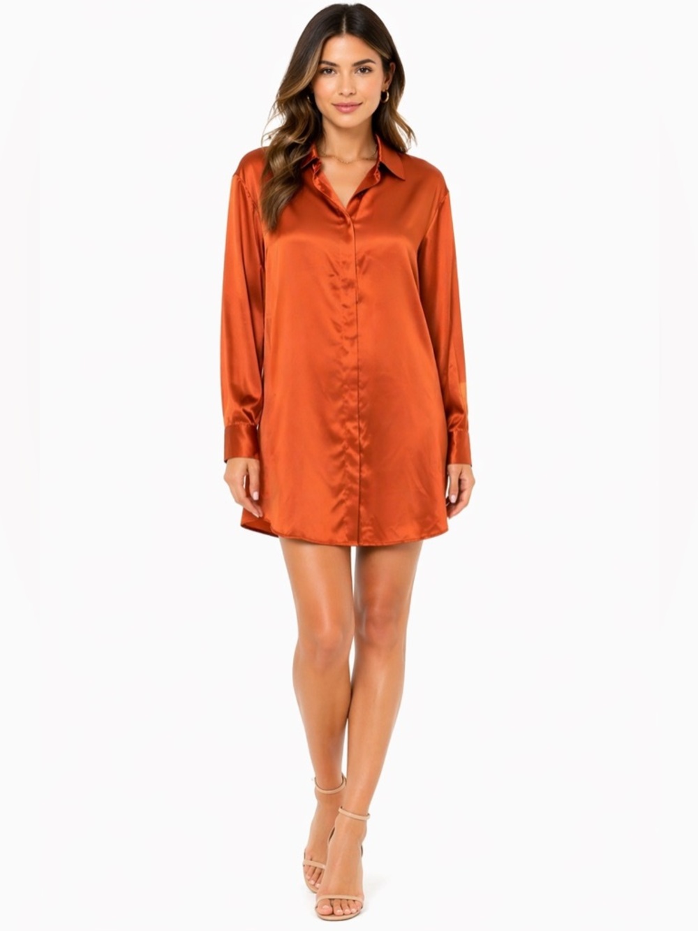 EUC Style Rack Size Medium Sleek Rust Orange Satin Button Up Dress‎